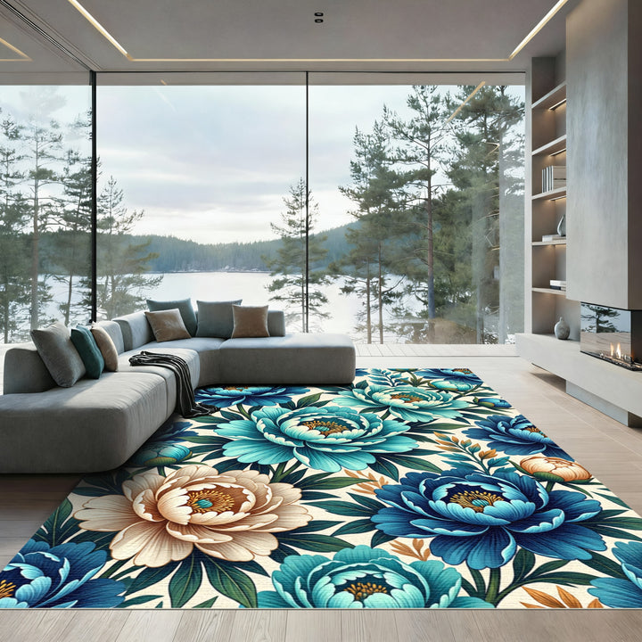 Aqua Blue Peony Floral Medallion Rug