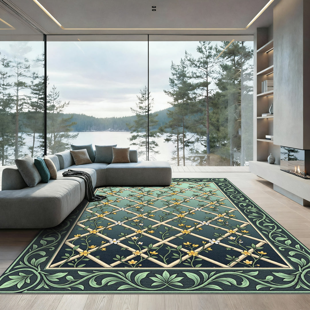Green Lattice Yellow Floral Botanical Rug