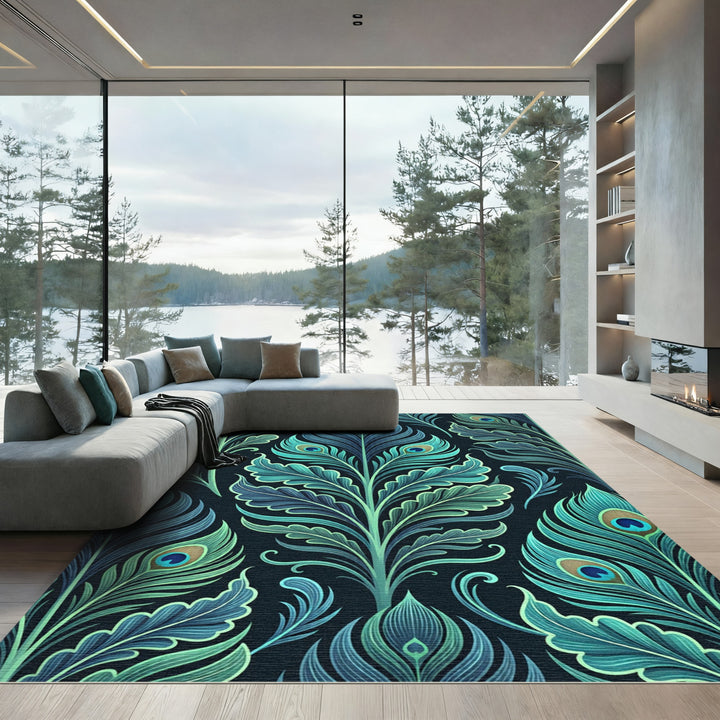 Teal Blue Peacock Feather Flourish Rug