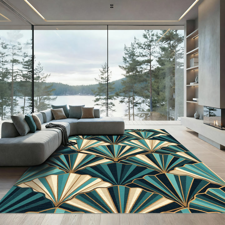 Teal Gold Fan Art Deco Rug