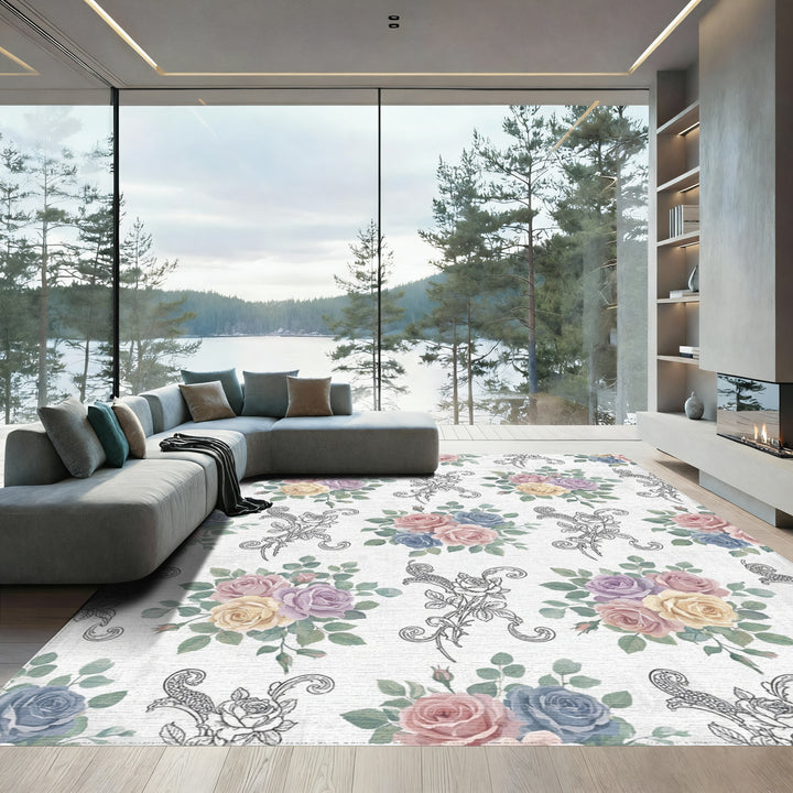 Pastel Rose Garland Medallion Arrangement Rug