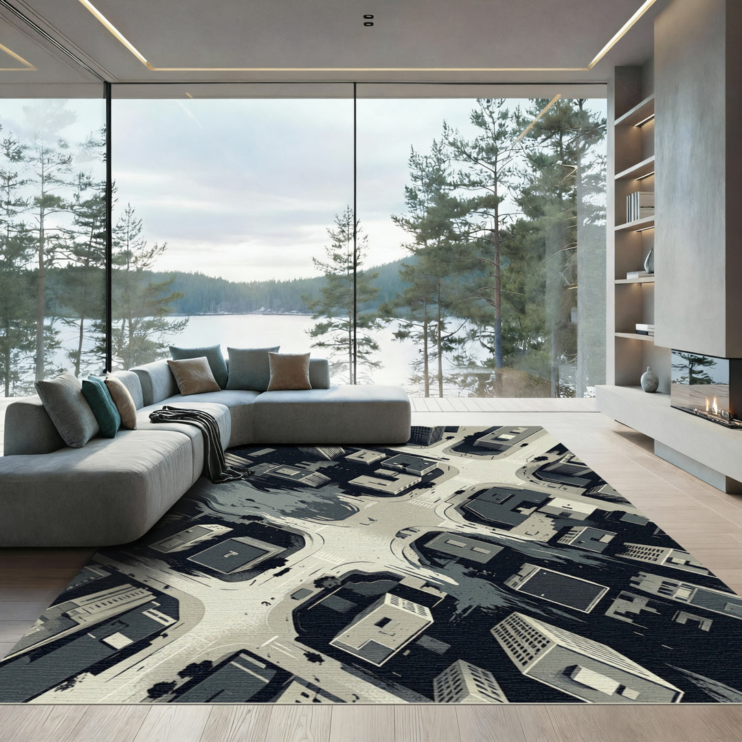 Monochromatic Urban Landscape Skyline Rug