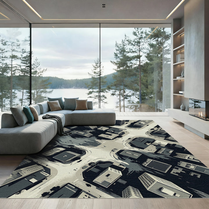 Monochromatic Urban Landscape Skyline Rug
