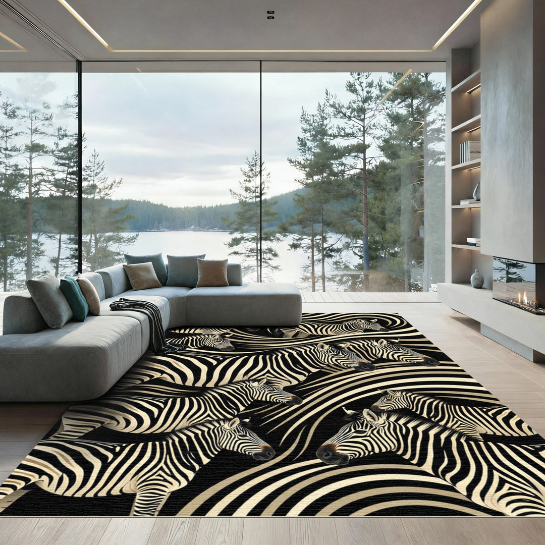 Bold Black White Zebra Swirls Rug