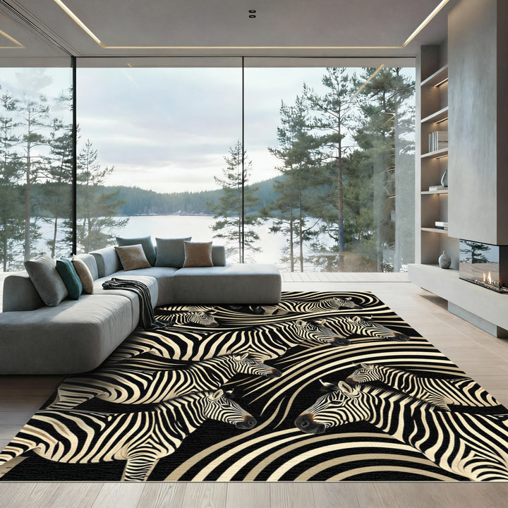 Bold Black White Zebra Swirls Rug