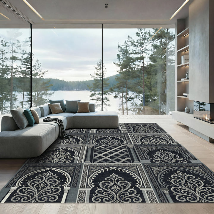 Arabesque Black Silver Archway Rug