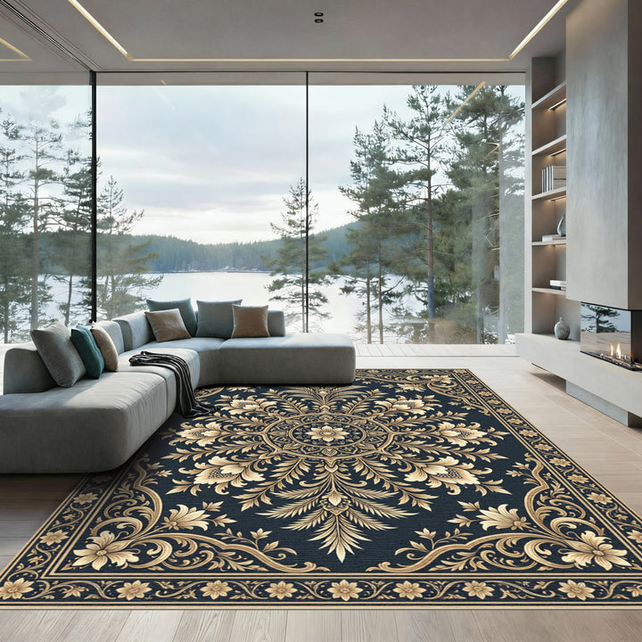 Golden Floral Scrollwork Dark Vintage Rug