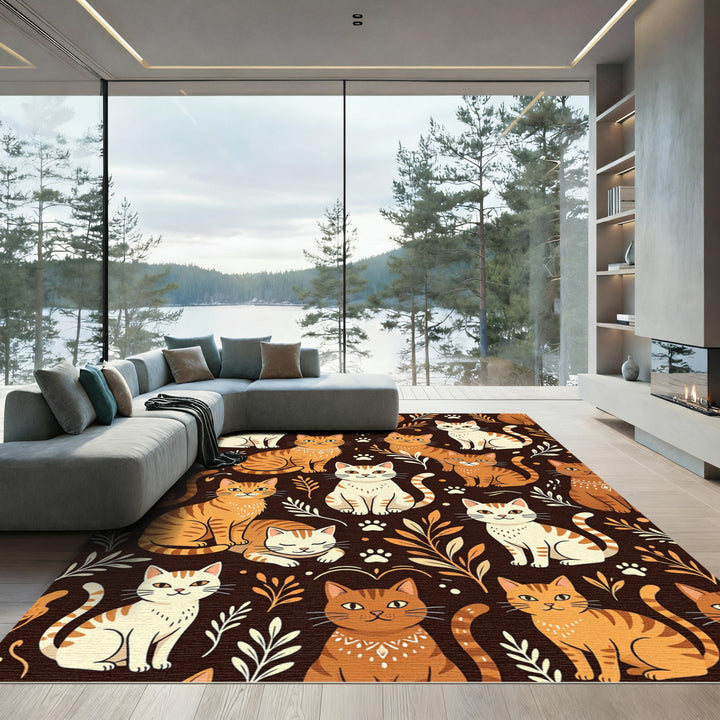 Whimsical Orange Brown Cat Collection Rug