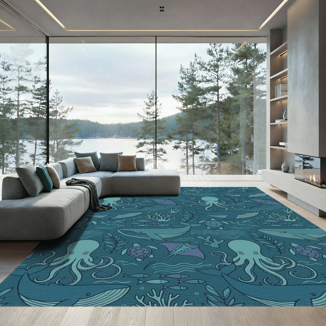 Deep Blue Ocean Marine Life Collection Rug