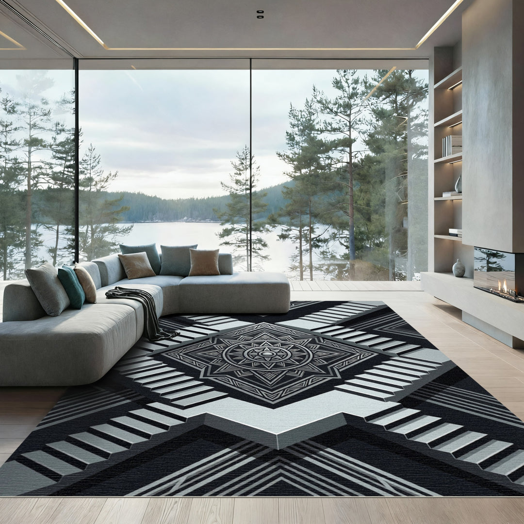 Silver Tribal Sun Geometric Stairs Rug