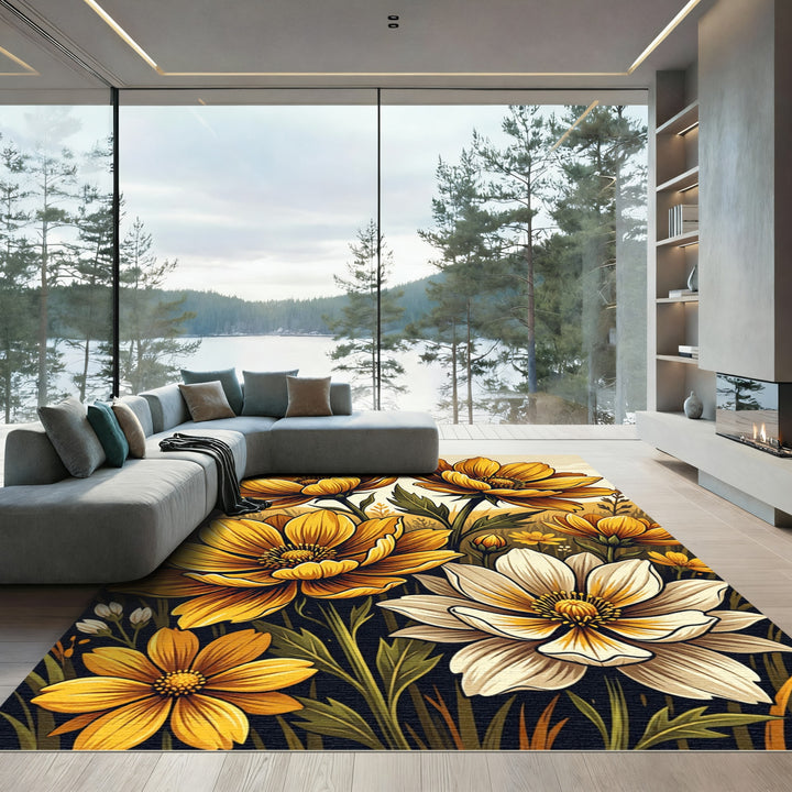 Golden Yellow Floral Meadow Rug
