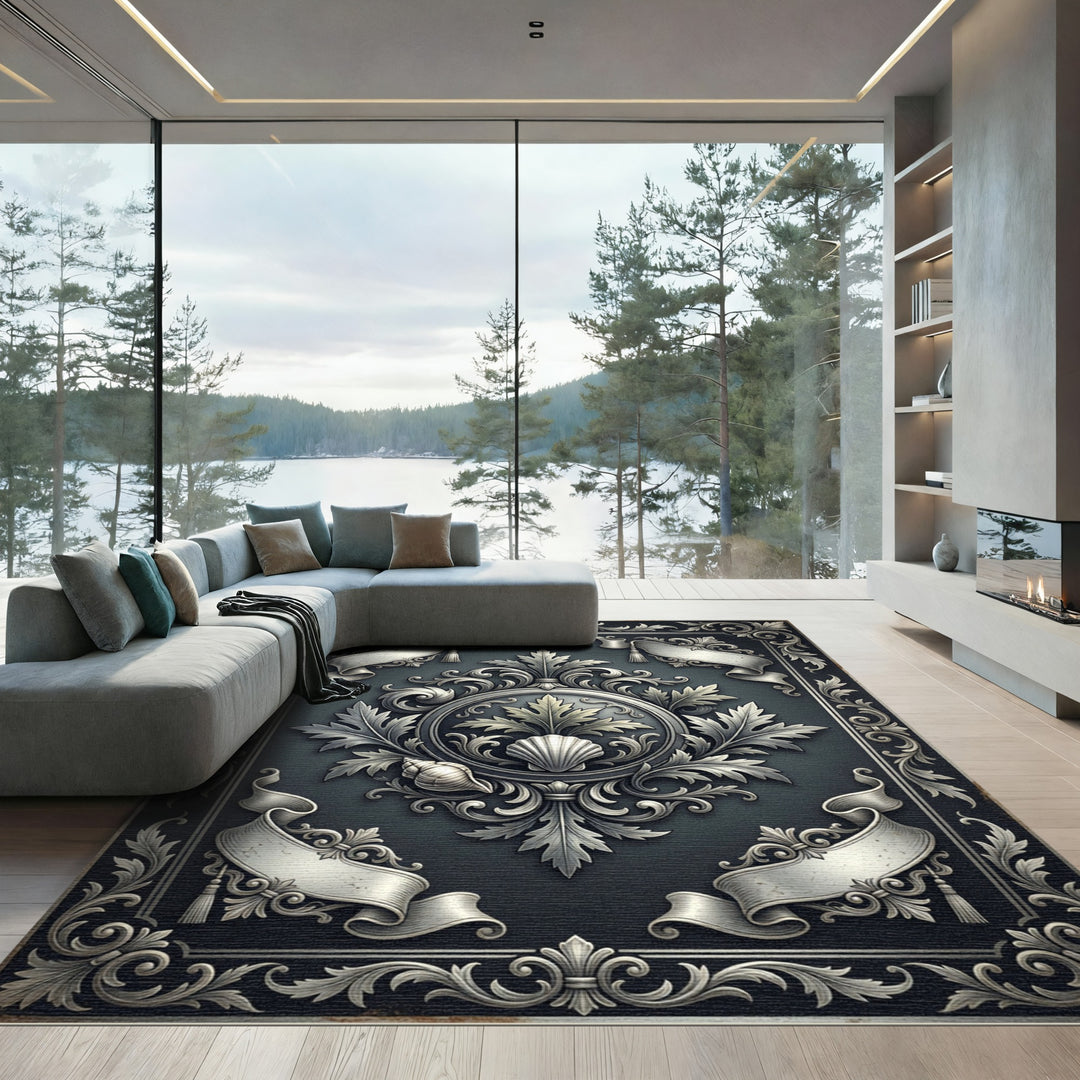 Ornate Silver Seashell Floral Medallions Rug