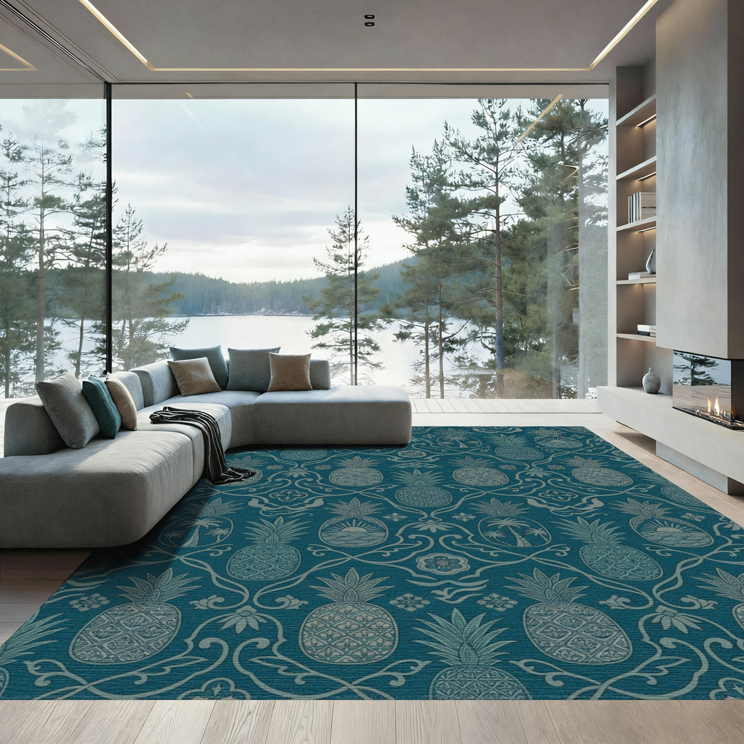 Teal Pineapple Tropical Palmed Scene Rug