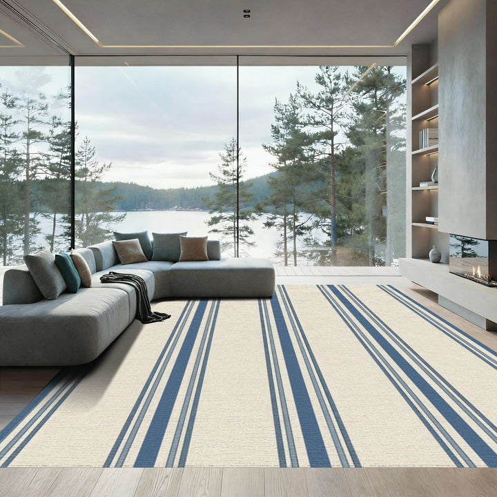 Coastal Cream Blue Striped Drape Rug