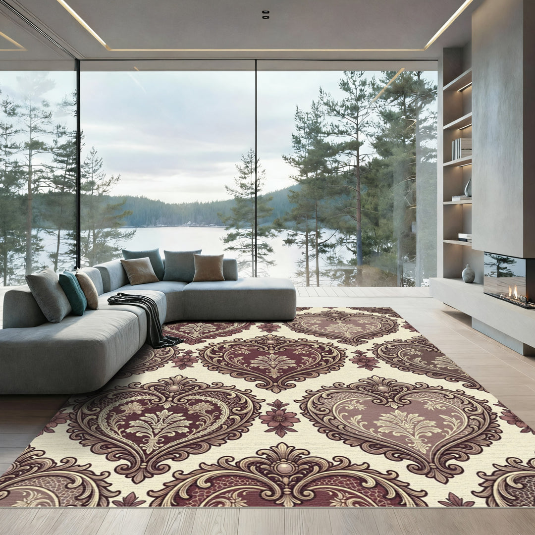 Ornate Burgundy Heart Damask Rug