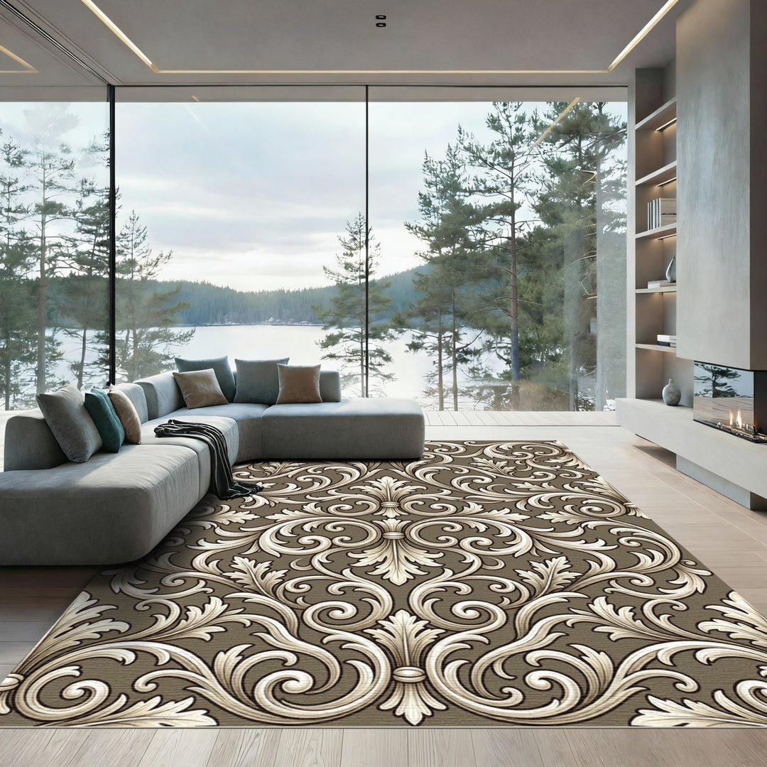 Elegant Cream Acanthus Scrollwork Rug
