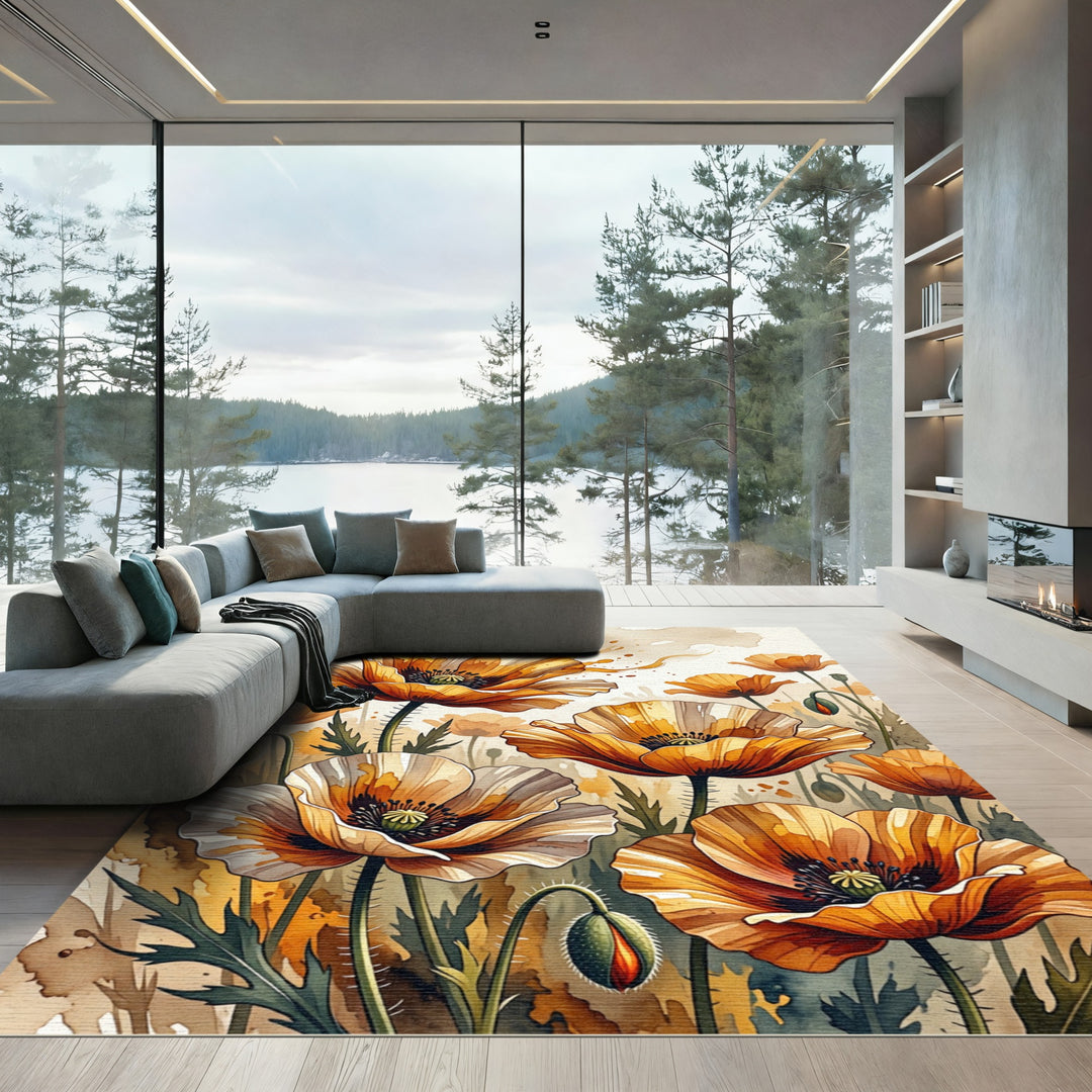 Golden Orange Poppy Watercolor Rug