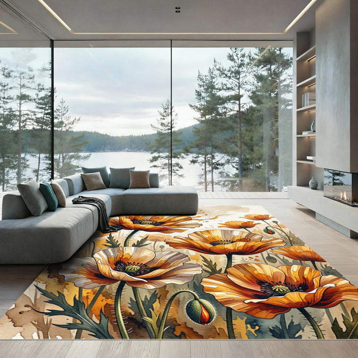 Golden Orange Poppy Watercolor Rug