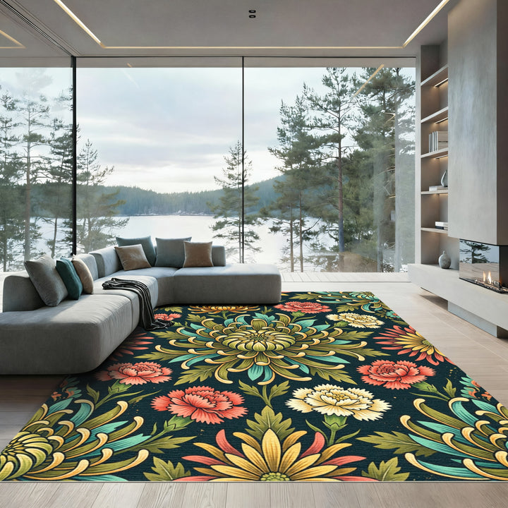Vibrant Teal Chrysanthemum Floral Art Rug