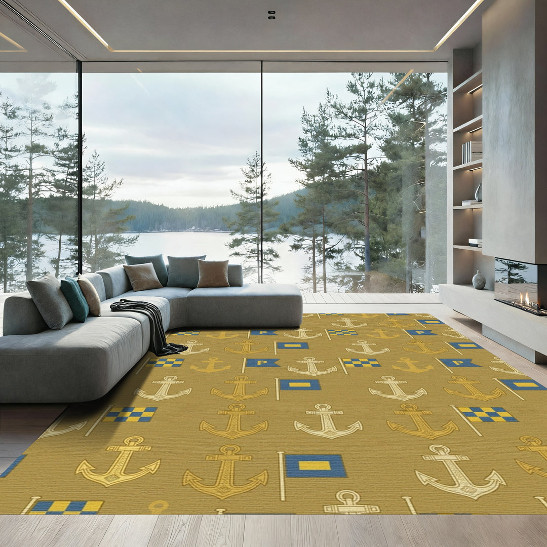 Nautical Anchors Blue Yellow Flags Rug