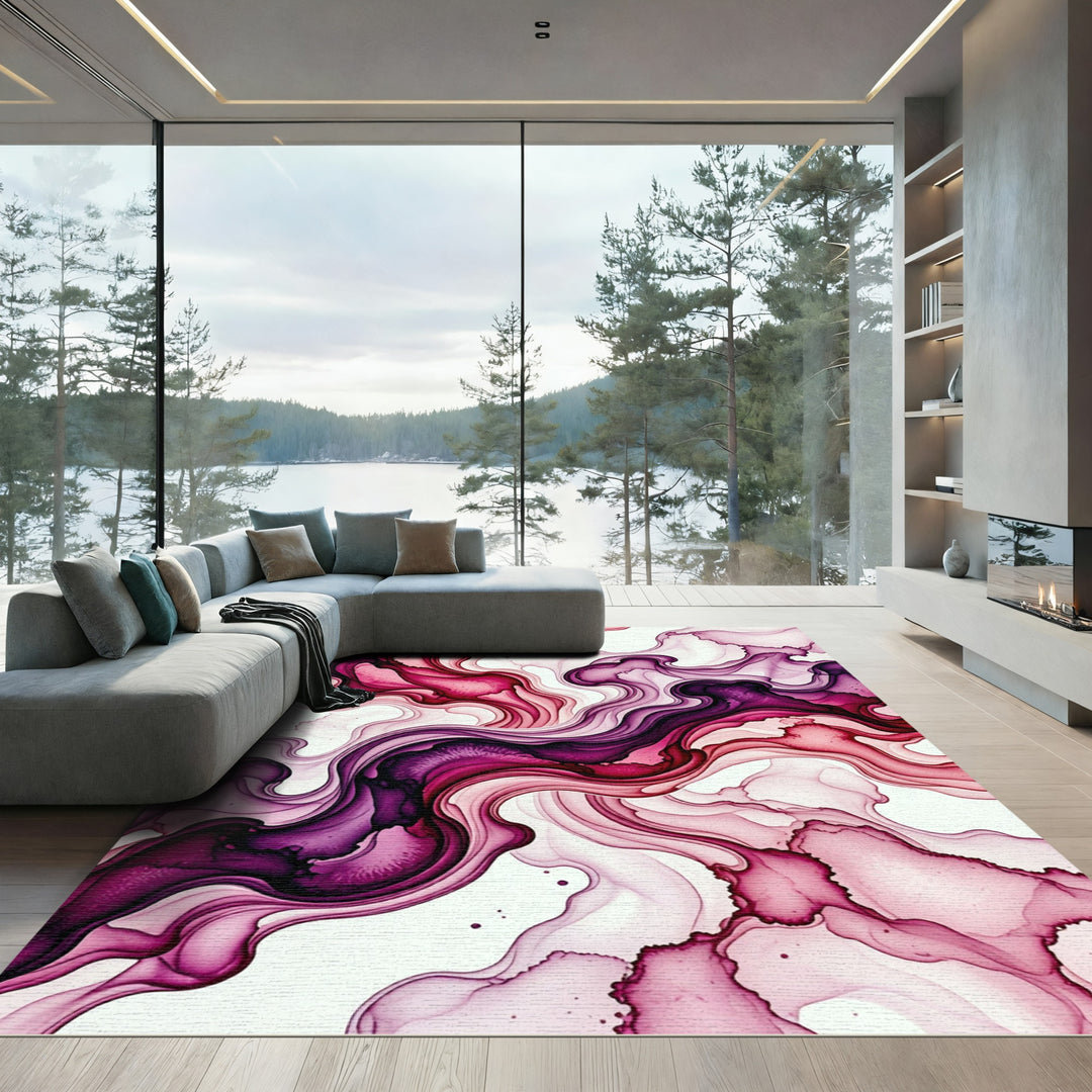 Vibrant Magenta Ink Flow Waves Rug