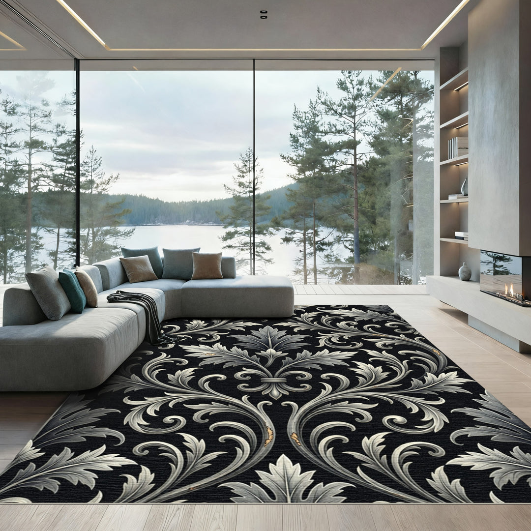Ornate Black Silver Acanthus Scroll Rug