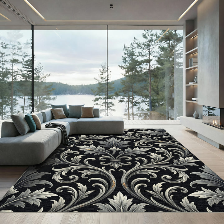 Ornate Black Silver Acanthus Scroll Rug