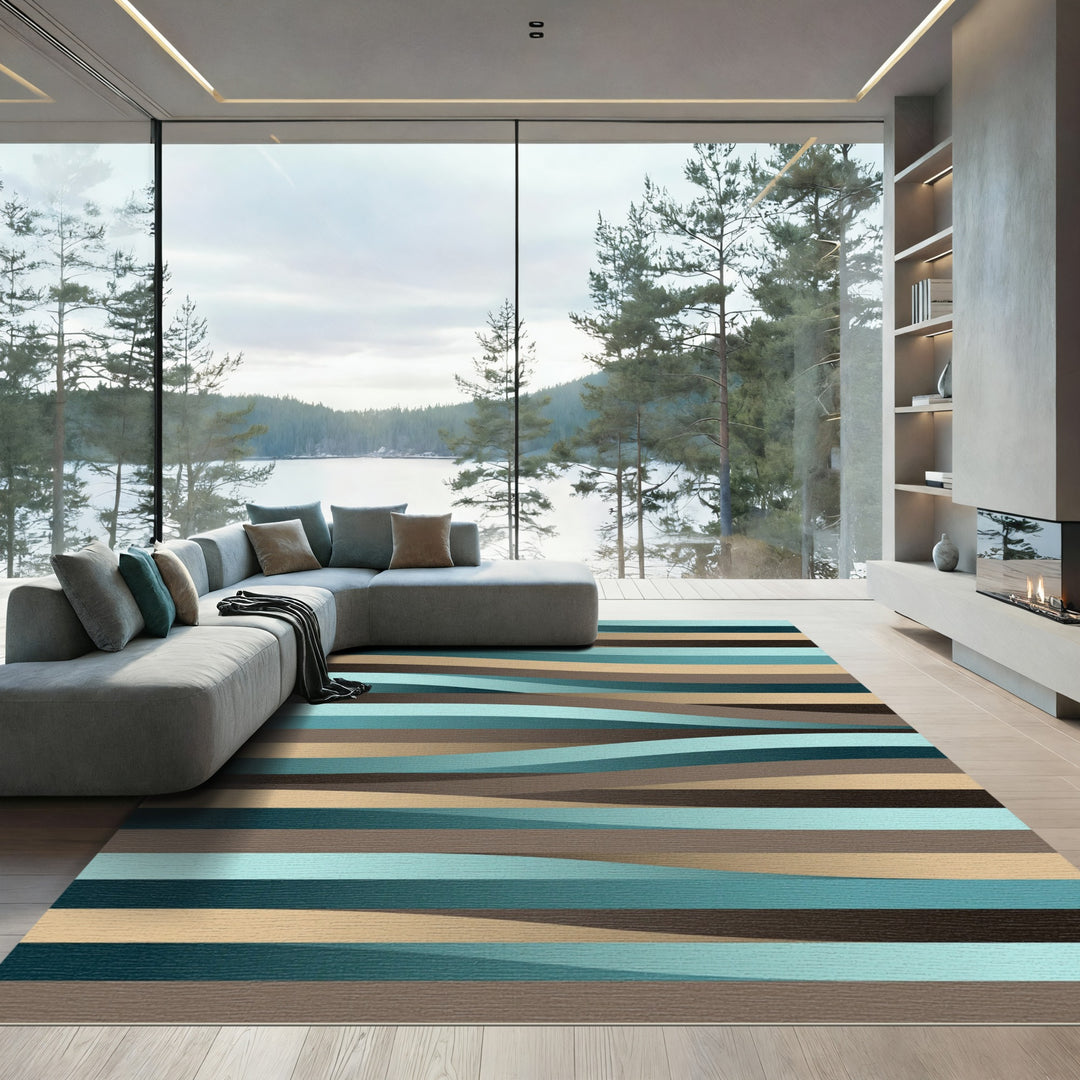 Abstract Teal Tan Brown Waves Rug