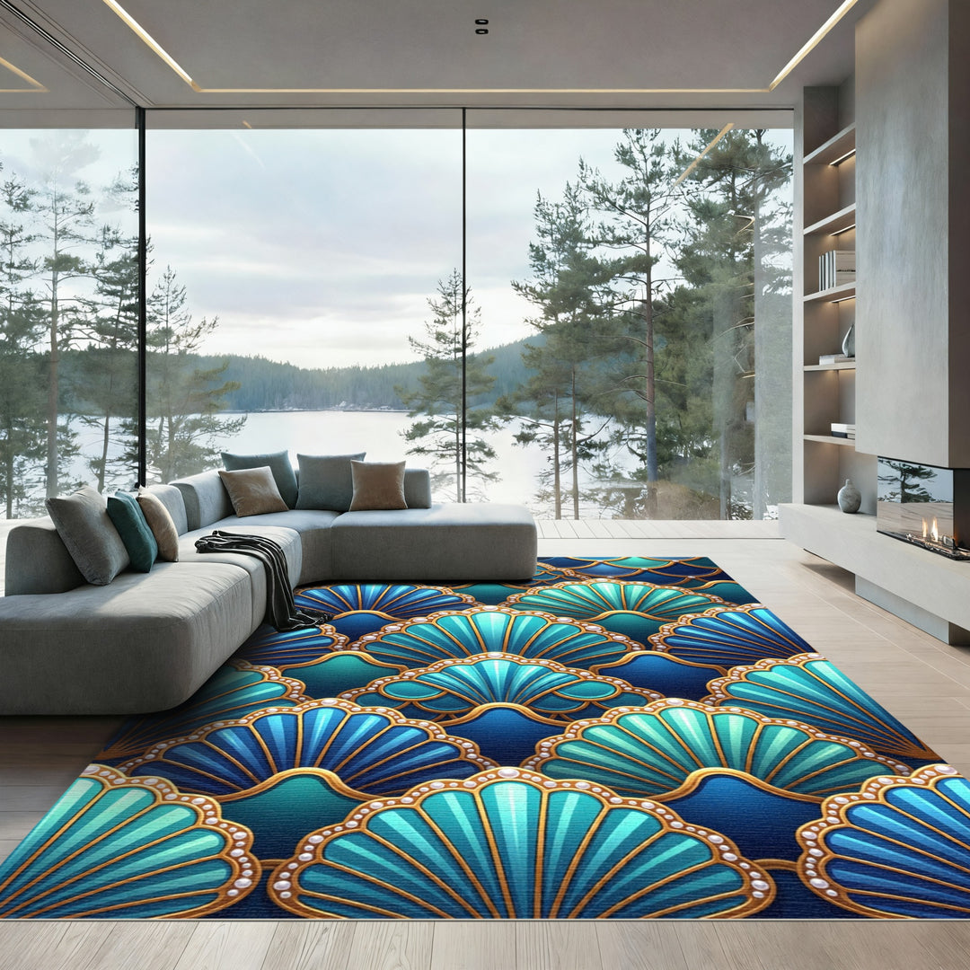Ocean Blue Scallop Shell Medallion Rug