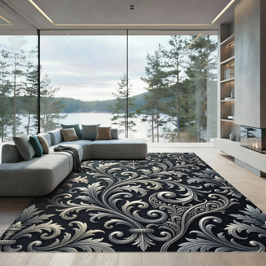 Ornate Silver Flourish Wall Hanging Rug