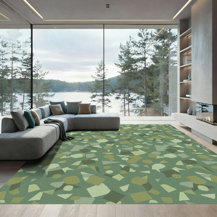 Earthy Green Abstract Geometric Collage Rug