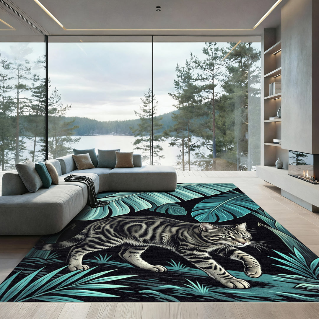 Tabby Cat Tropical Jungle Emerald Leaves Rug