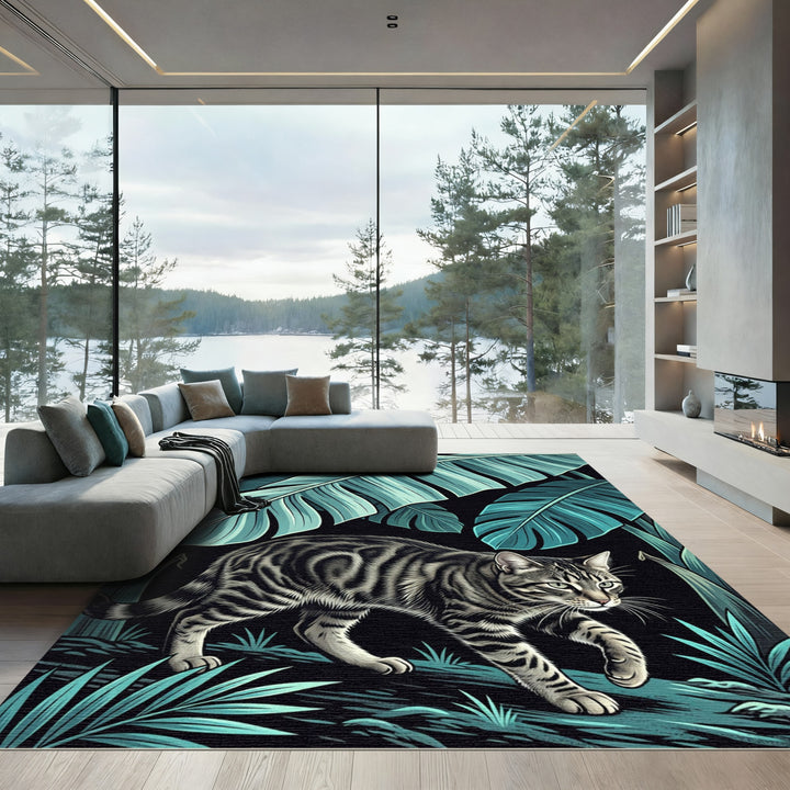 Tabby Cat Tropical Jungle Emerald Leaves Rug