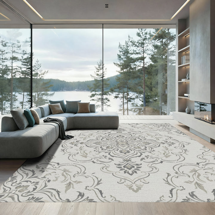 Neutral Gray Vintage Damask Medallion Rug