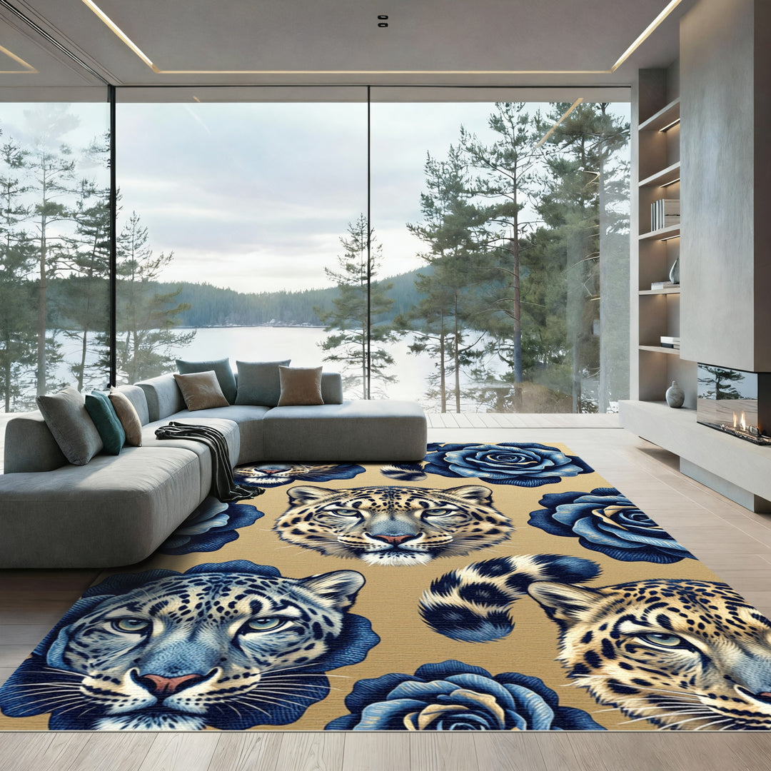 Leopard Blue Rose Floral Rug