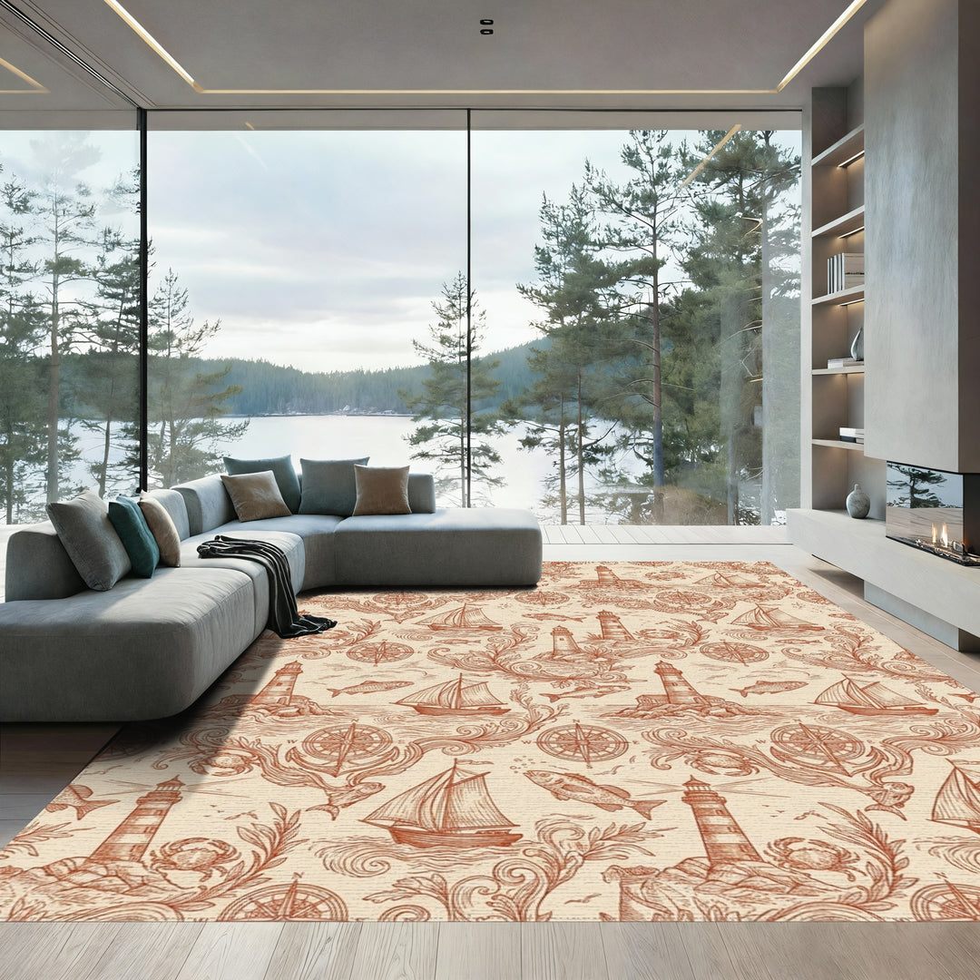 Nautical Old World Lighthouse Sailboat Crab Rug