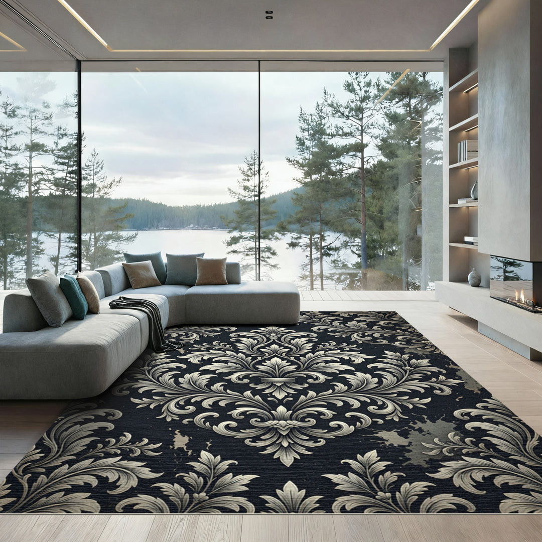 Ornate Black and White Damask Rug