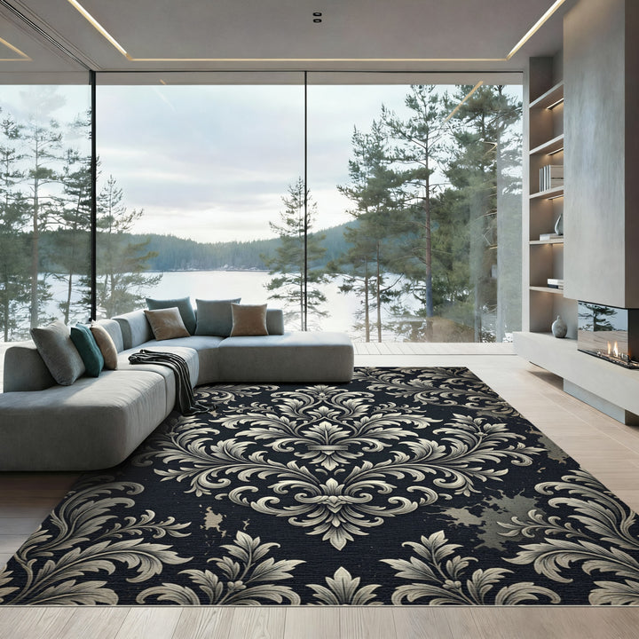 Ornate Black and White Damask Rug