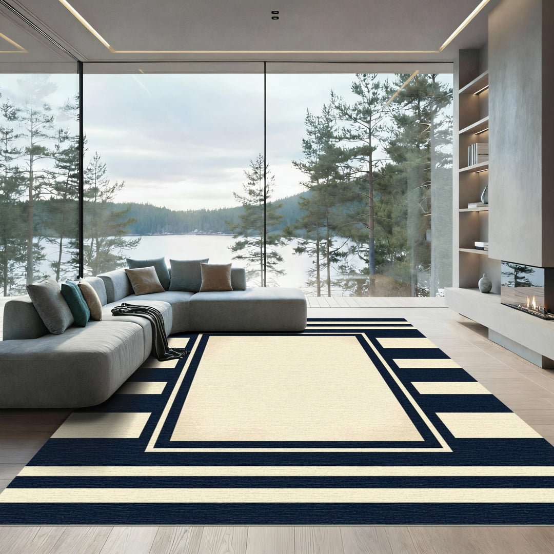 Navy Cream Geometric Stripe Panel Rug