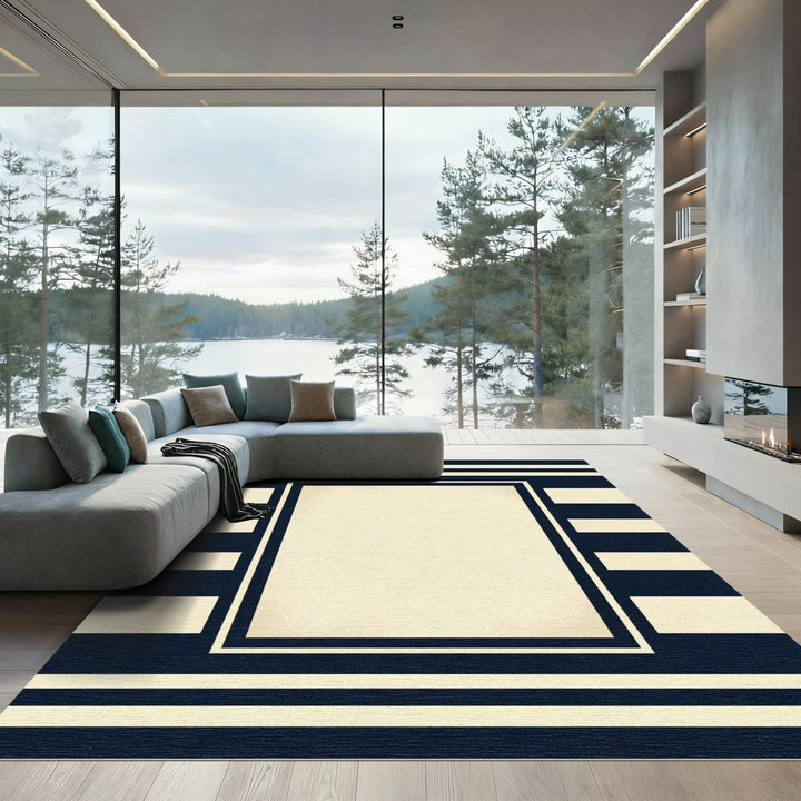 Navy Cream Geometric Stripe Panel Rug