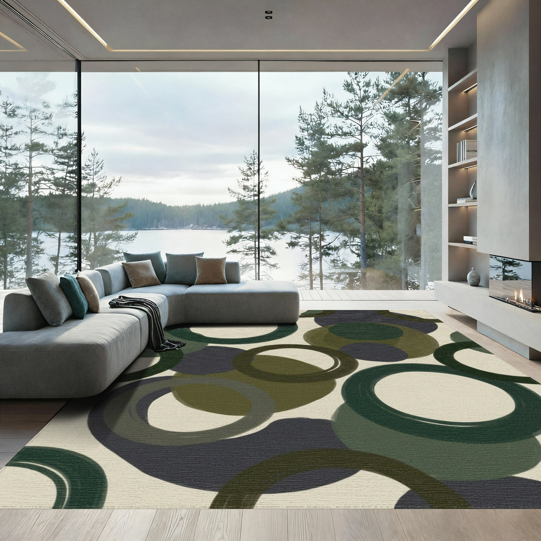Deep Forest Green Abstract Circles Rug