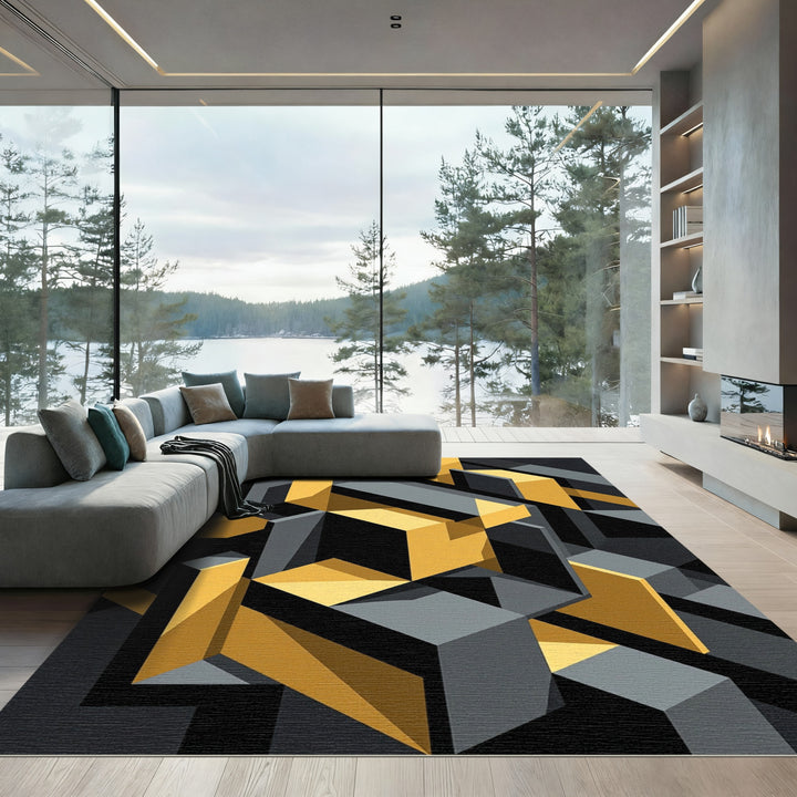 Abstract Geometric Gold Gray Cubes Rug