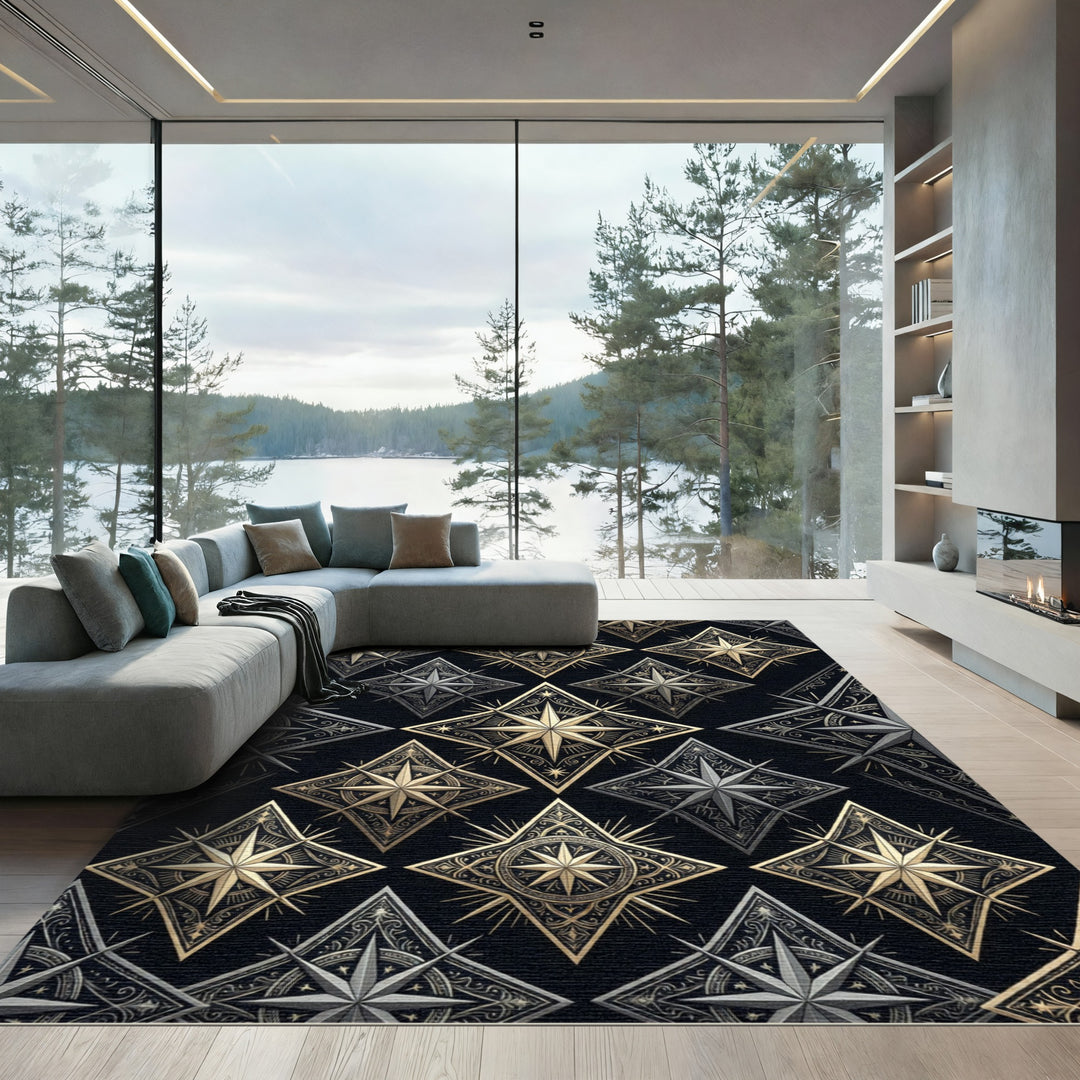 Ornate Gold Starburst Diamond Pattern Rug