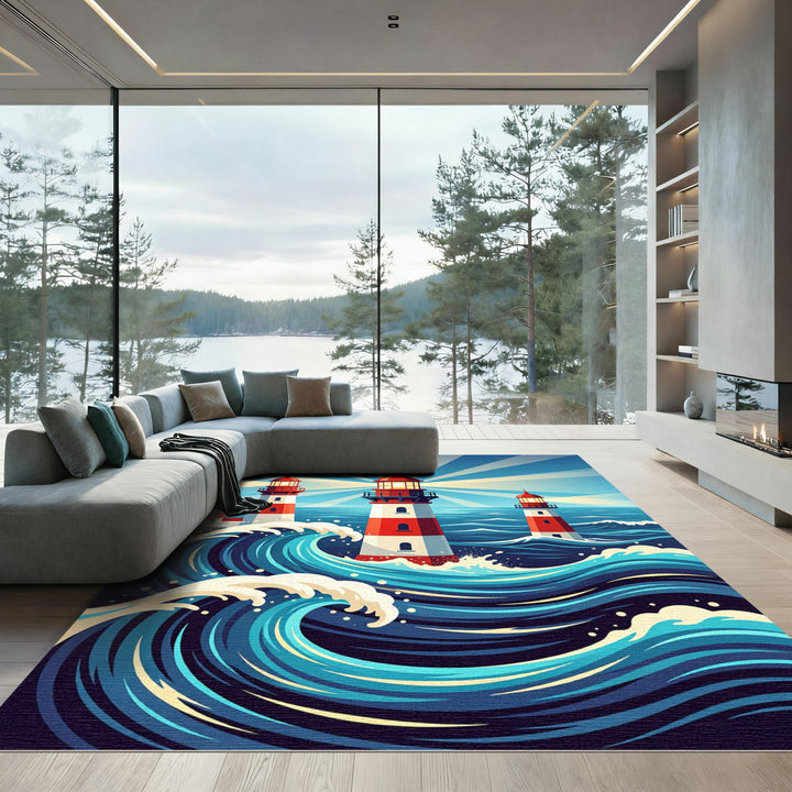 Coastal Red White Lighthouse Waves Rug
