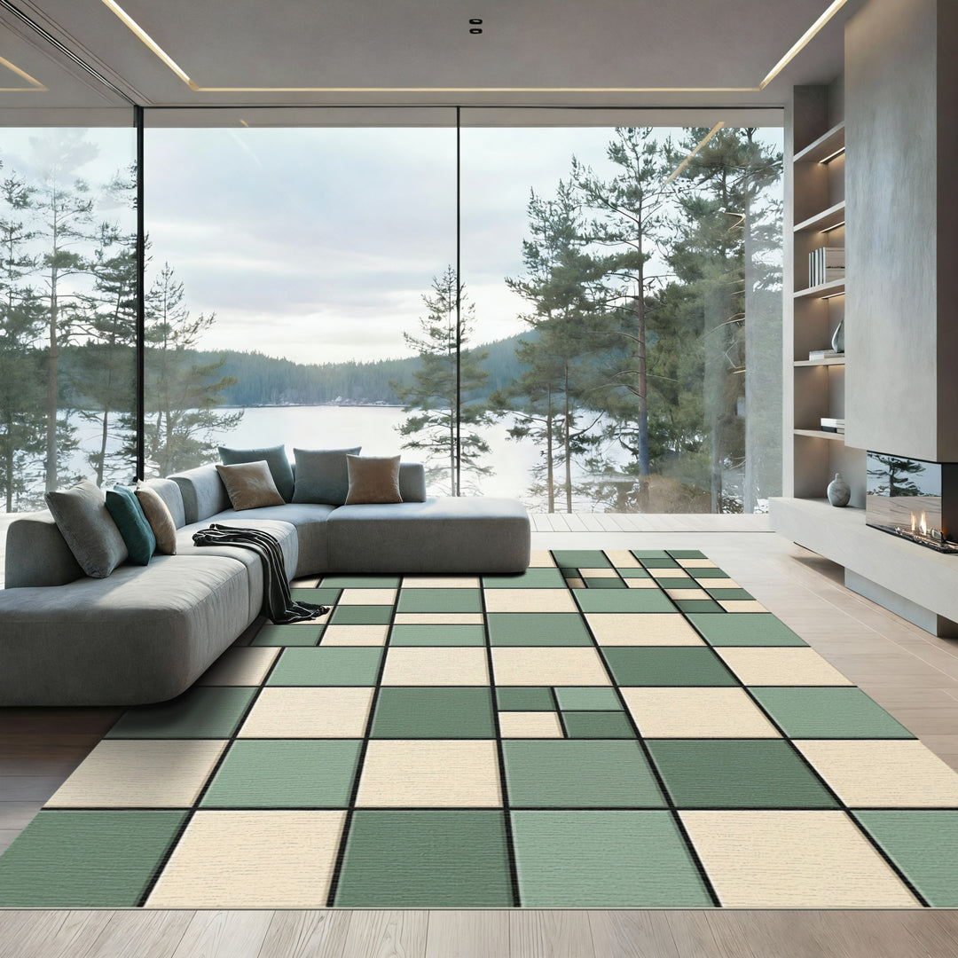 Geometric Cream And Green Tile Rug