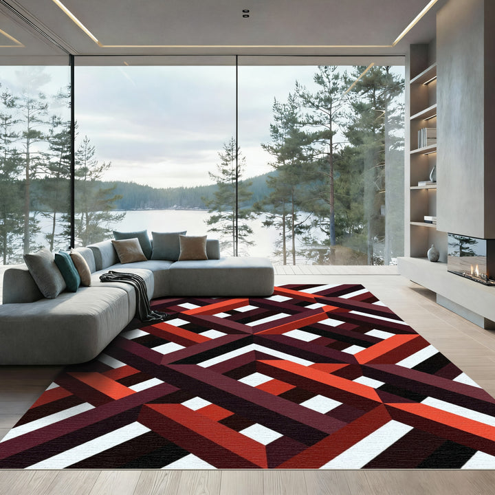 Crimson Interlocking Geometric Diamond Rug