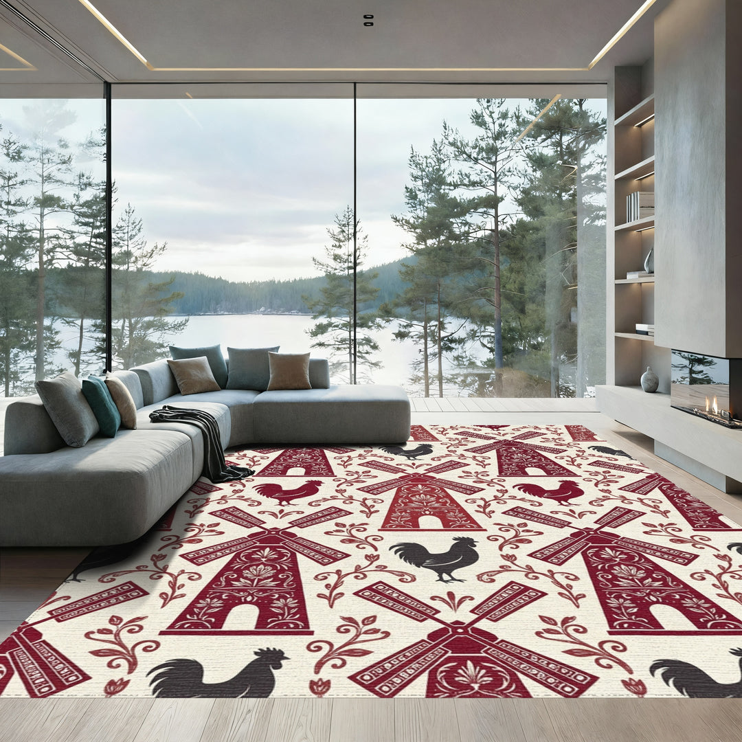 Country Red Windmill Rooster Floral Rug