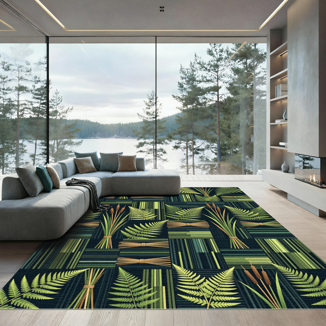 Green Fern Cattail Stripe Quilt Rug