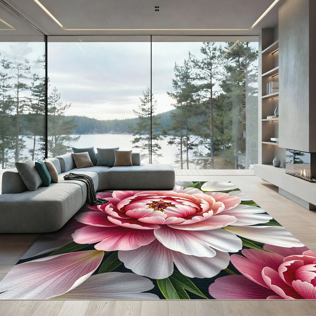 Vibrant Pink White Peony Bloom Rug