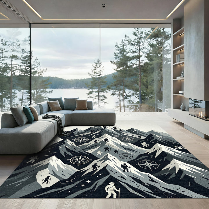 Monochromatic Mountain Hikers Compass Rug